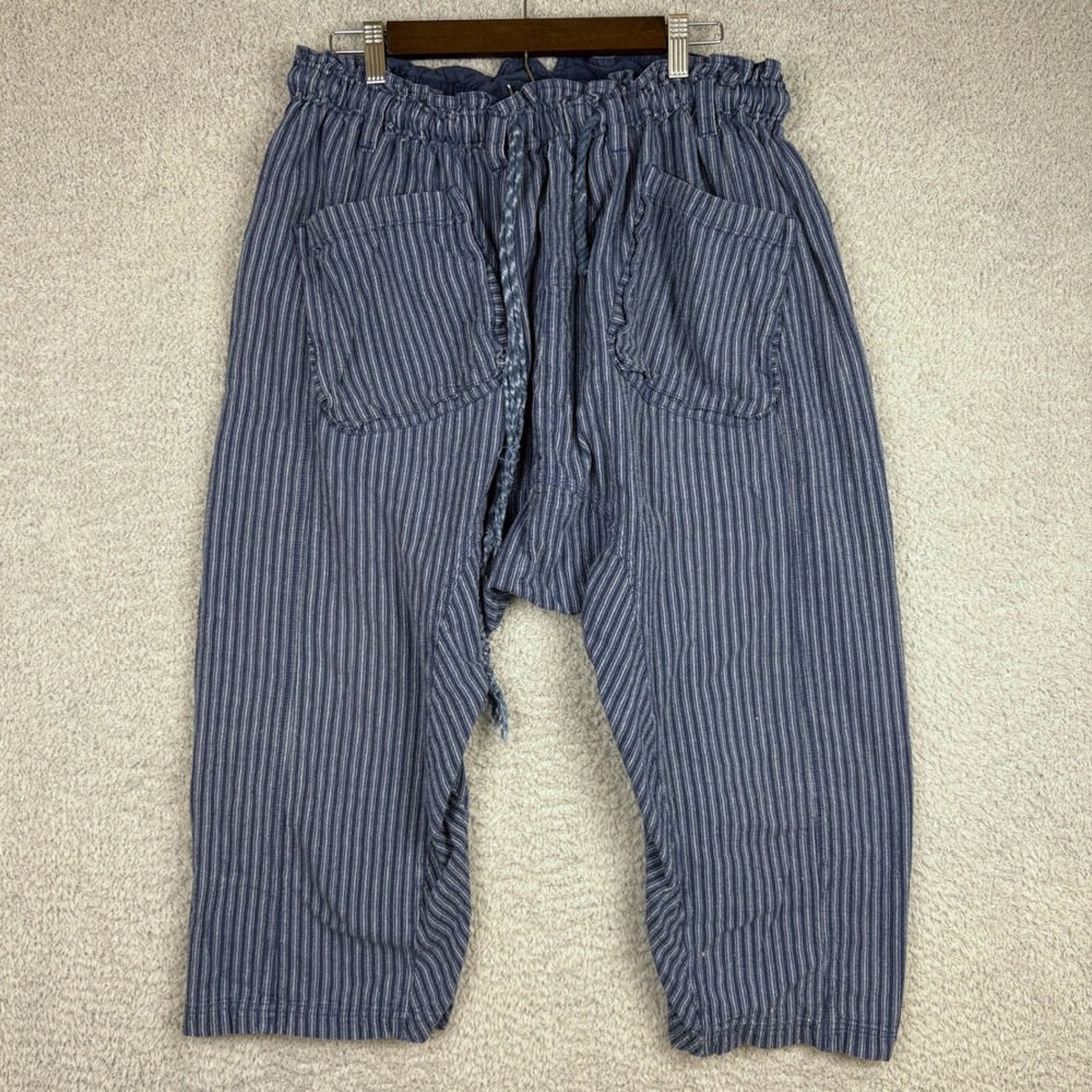 Free People Pants Womens Large Blue Runyon Striped Drop Crotch Cinch Back Harem